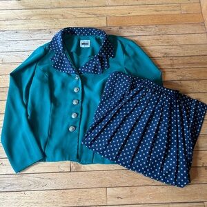 Vintage Leslie Fay Petite Skirt Suit Teal Jewel Tone Geometric 80s 90s XS S